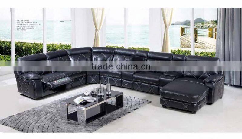 Bisini Genuine Black Leahter Living Room Corner sofa with Recliner