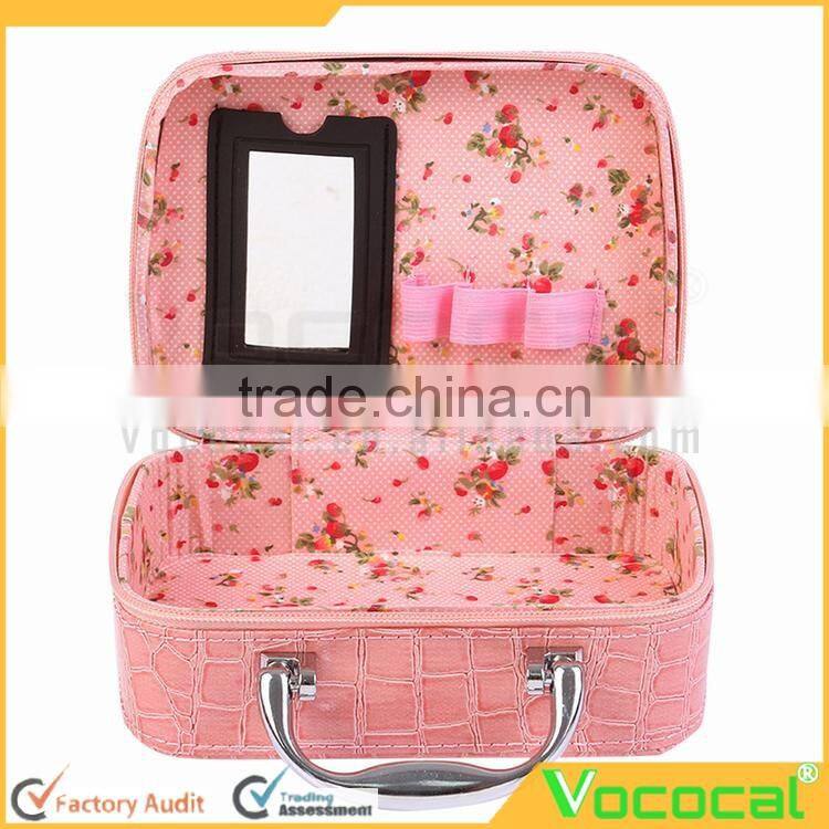 PU Leather Cosmetic Makeup Box Case Toiletry Organizer Storage Handbag With Mirror Crocodile Pattern Pink