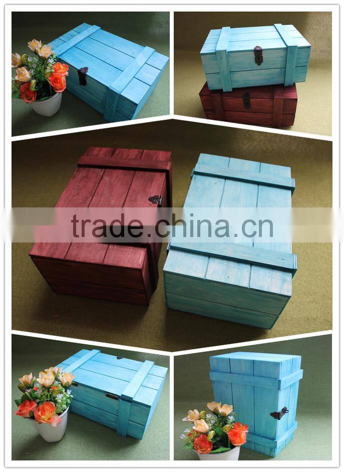 Vintage painted blue customized polished wooden box with lock