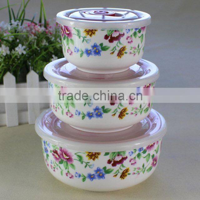 custom printed ceramic bowl bowls with airtight lids ,3pcs porcelain fresh seal bowl