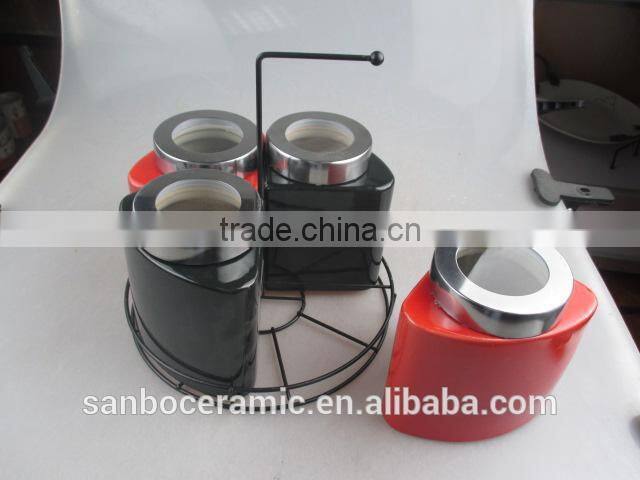 Coffee Tea Sugar Ceramic Storage Jar With Plastic Lid in Red & Black Color