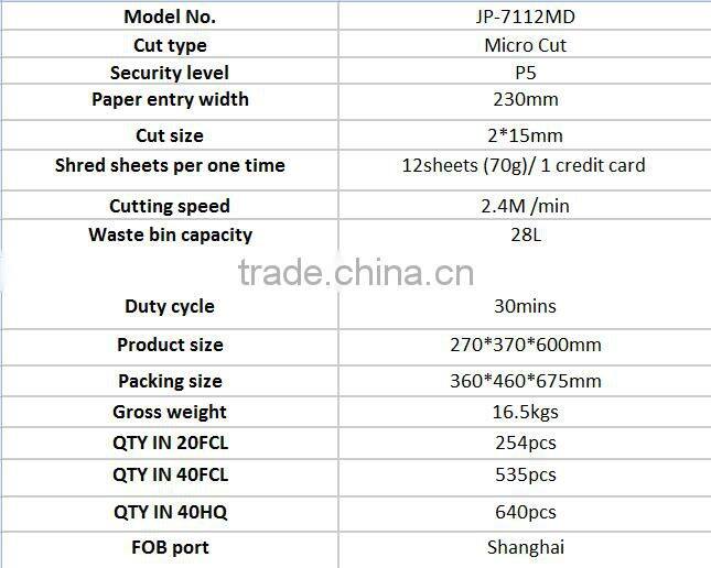 JP-7112MD Plastic shredder machine for bank and goverment use A4 Cross Cut