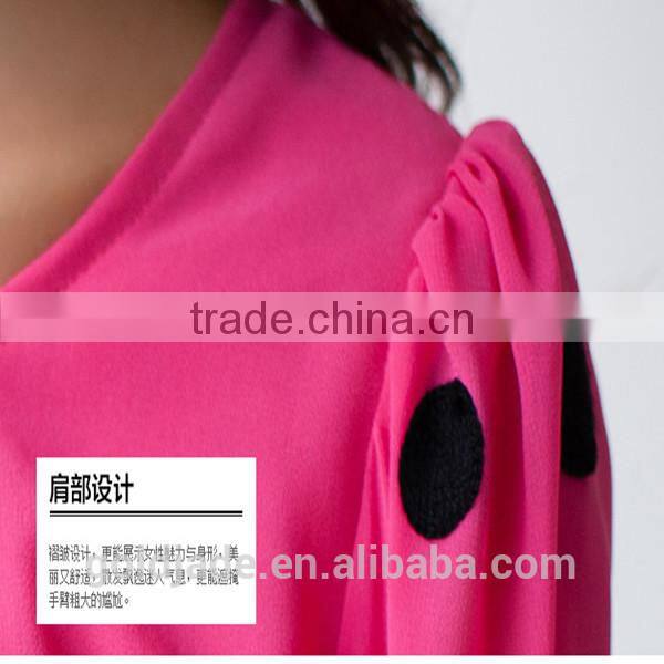 OEM lady sexy loose rose red and black chiffon dot round collar long petal sleeve blouse