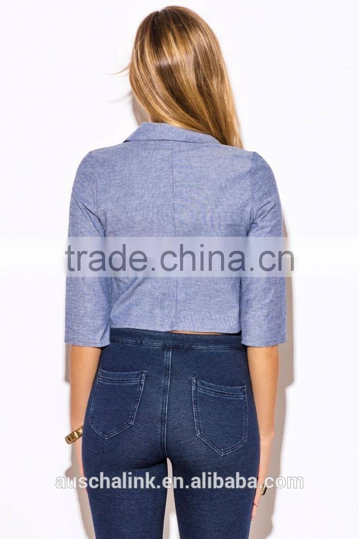 hot sale blue chambray open blazer for women 2016