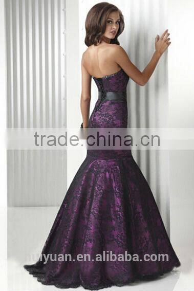 purple black lace strapless mermaid full length party dress