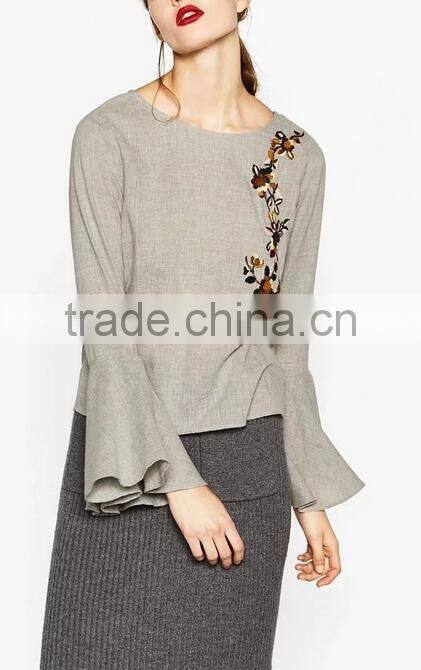 Runwaylover EY2381B New Design 2017 Ladies Fashion Falbala Embroidery T-Shirts