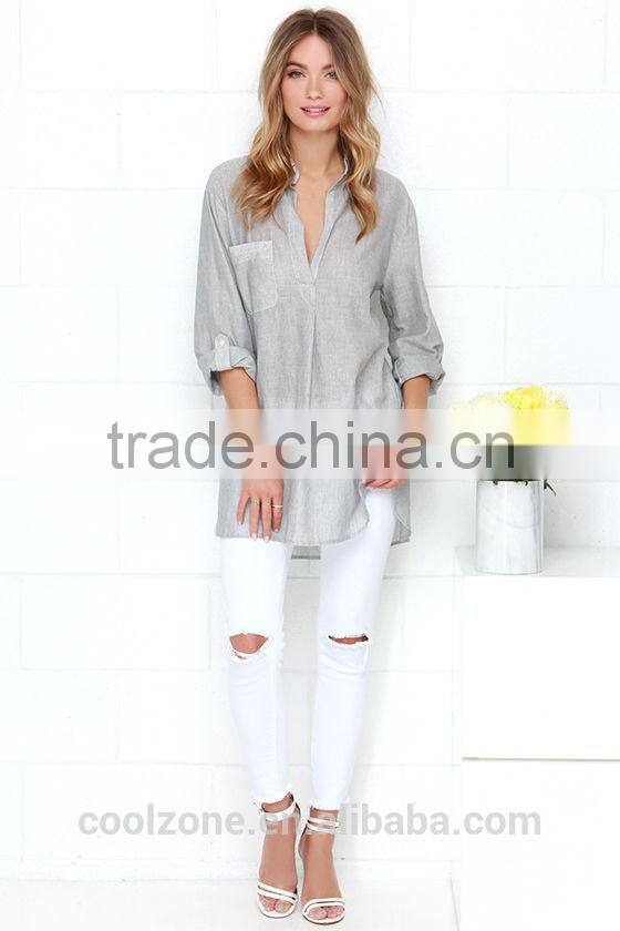 Loose short sleeve with pocket striped design lady blouse