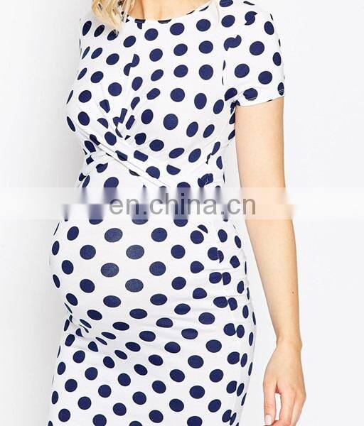 Hot Sale Women Pregnancy Maternity Clothes Jersey Bodycon Dress In Spot Print With Cross Front 2015