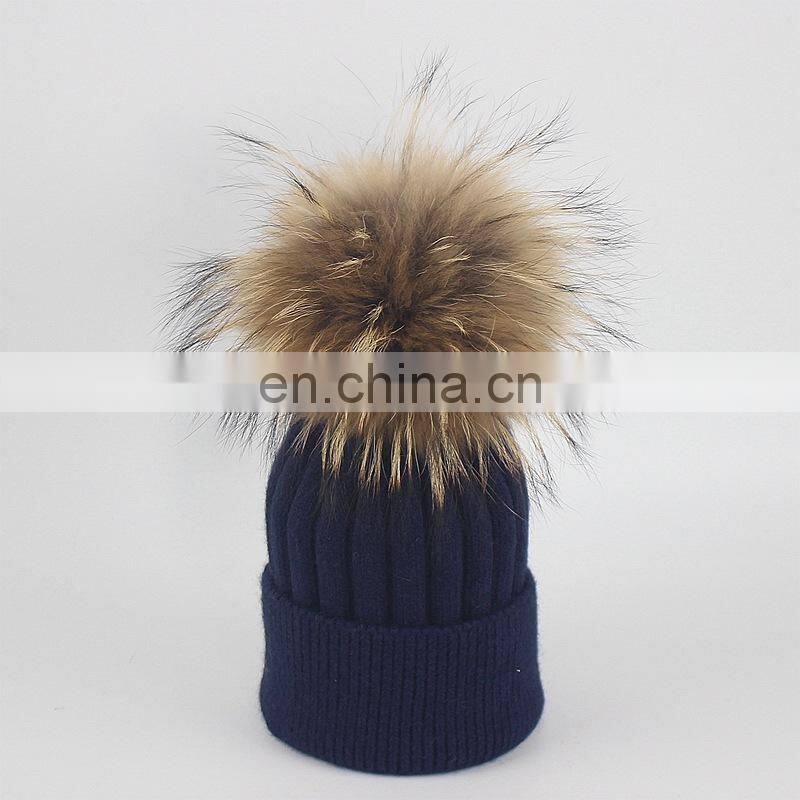 Top Quality Big Fur Pom Pom Kids Hats Raccoon Fur Balls Baby Knitted Hat