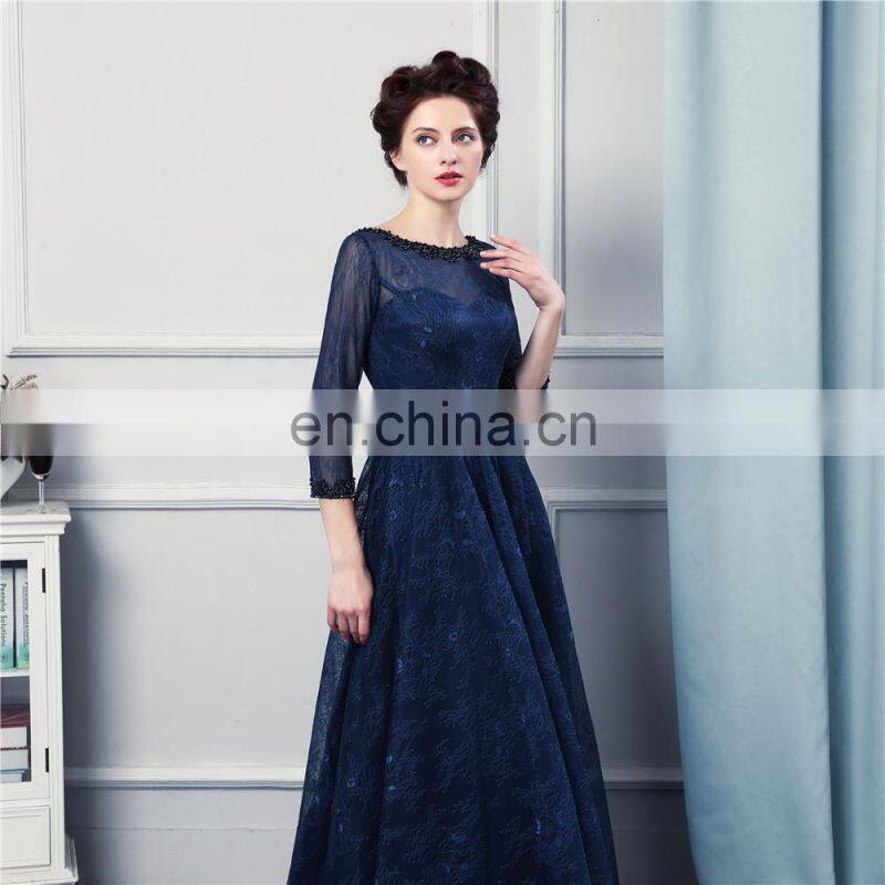 Navy Blue Long Bridesmaid Dresses High Quality Lace Floor Length 3/4 Long Sleeves Sheer Illussion Corset Brides Maid Vestidos De