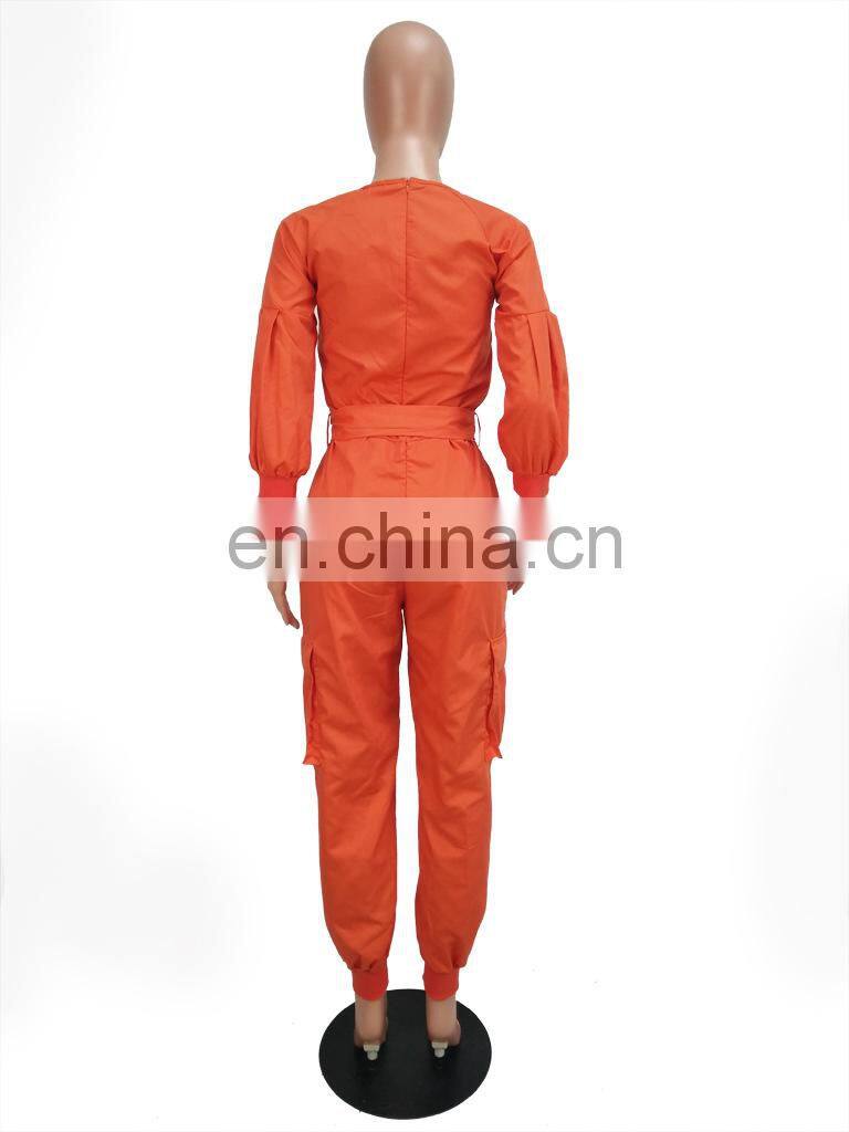 Wholesale custom women's suits long sleeve loose solid color casual and comfortable Lantern sleeve jumpsuit fashion