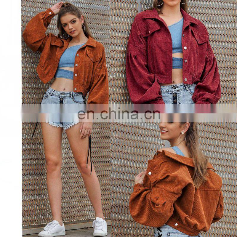 2020 loose solid color lantern sleeves waist short corduroy motorcycle jacket women