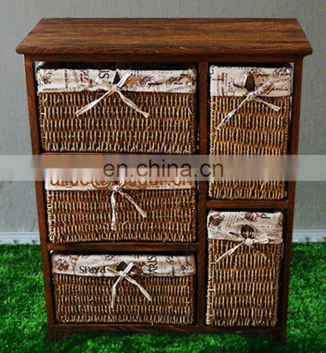 Antique Living Room Cabinet Wooden Cabinet with 5 Rattan Storage Drawers