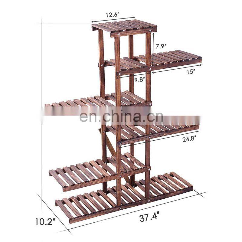 Carbonized Wood Plant Stand Holder 6 Tier High Low Shelf Space Saving Flower Display Rack For Indoor Outdoor Garden Patio Balcon