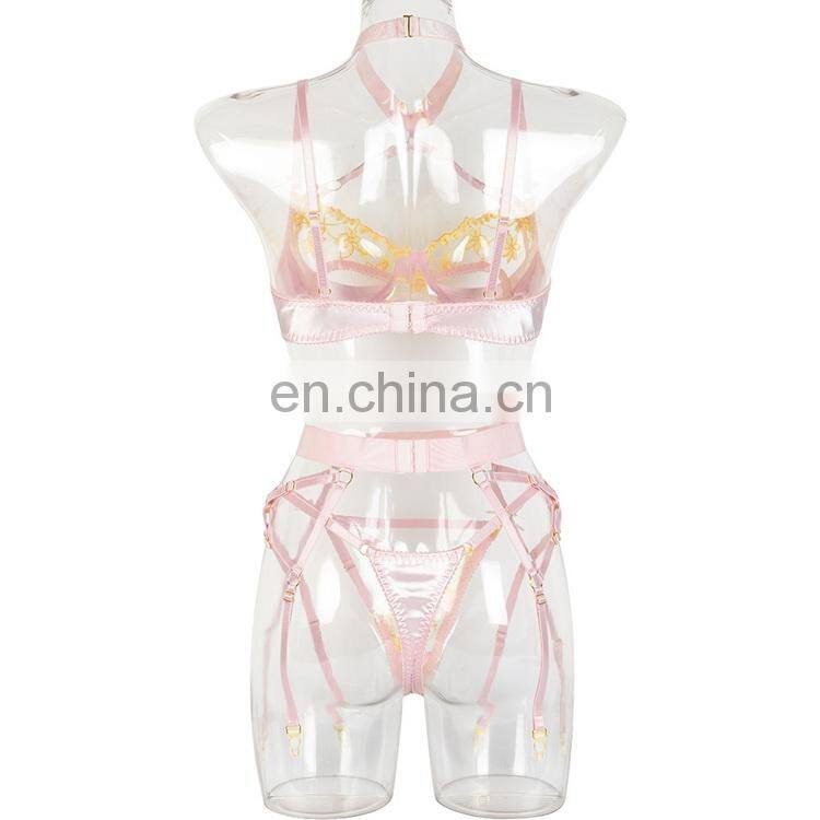 3pcs Hollow Out Pink Bandage Erotic Bra Panties Set Pink Color with Neck Ring 2022 Lingerie