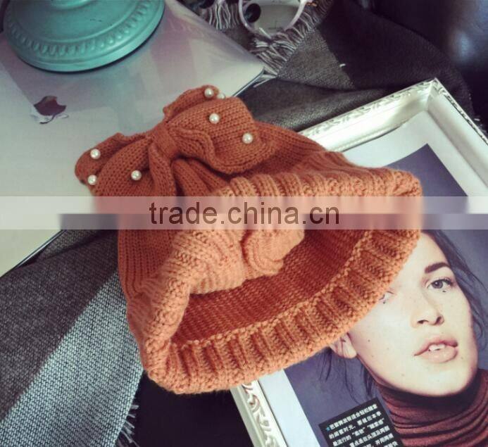 Fashion Charm Ladies Rhinestone Jewelry Pearl Bowknot Ear Cap Hat Beanie