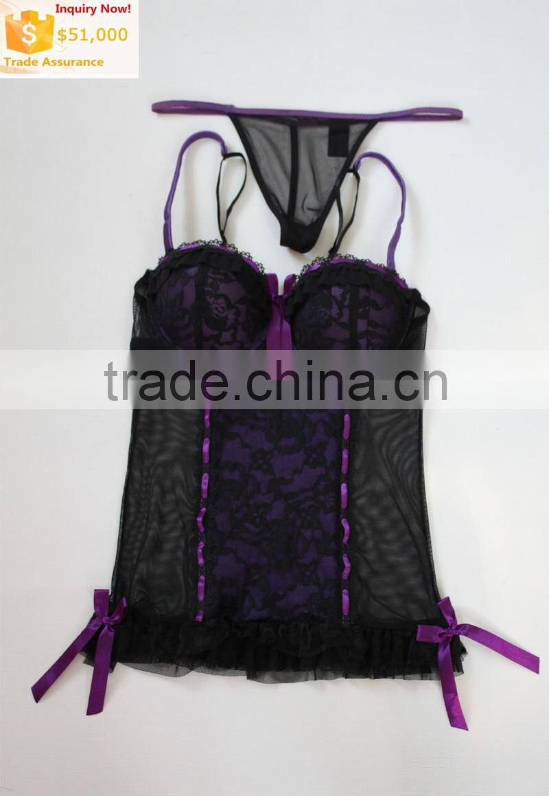 Wholesale Sexy Womens Underwire Lingerie Set Cool Lace Bra Underwear G-string Ladies Sleepwear Nightwear
