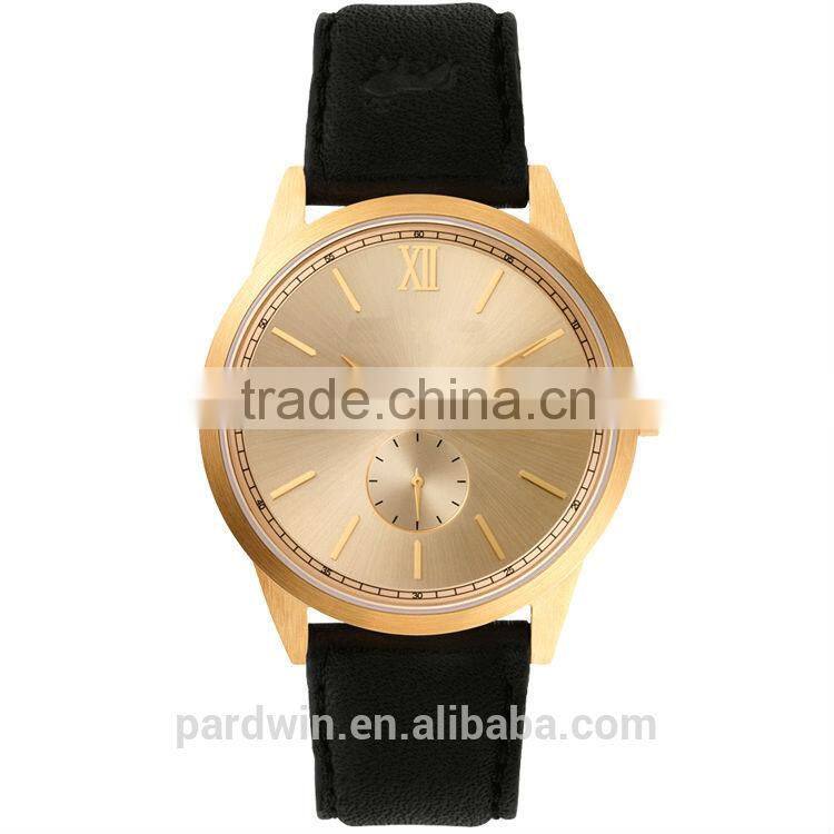 2 Hands watch movement with date function PVD stainless steel case and buckle 5ATM water resistant smooth navy leather strap