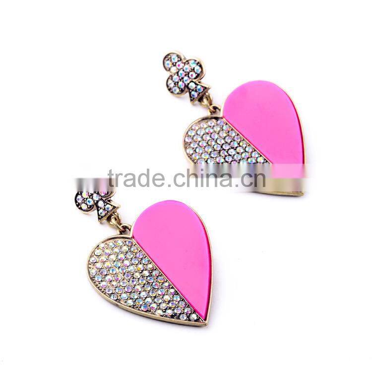 Exaggerated personality pave rhinestone crystal Lovely heart-shaped pendant earrings