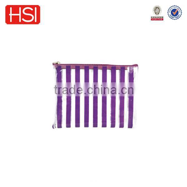 Fashion purple striated pvc zipper cosmetic bag/ pencil case