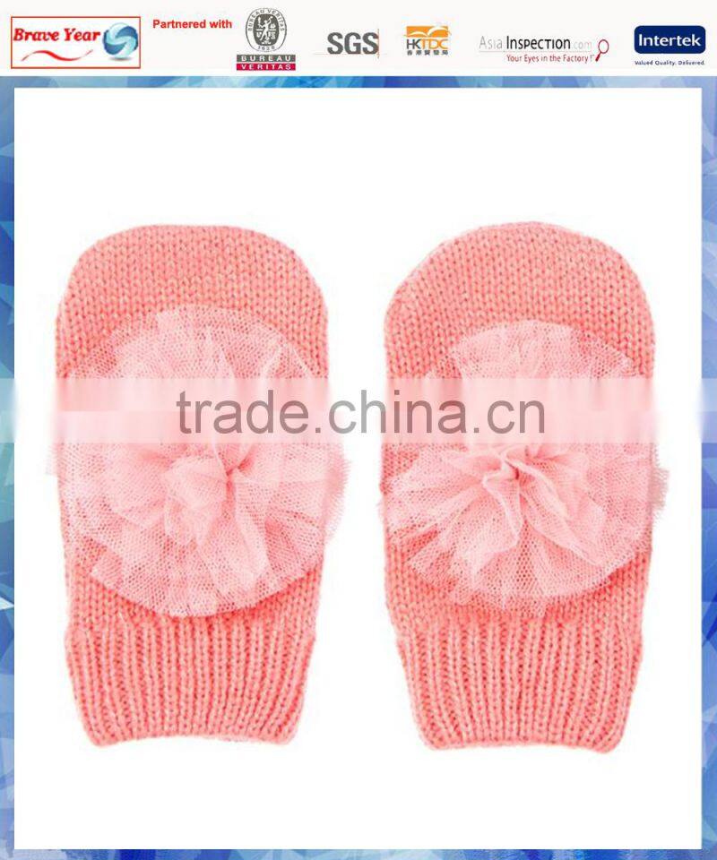 pink plain knitted cotton hand gloves mitten with flower