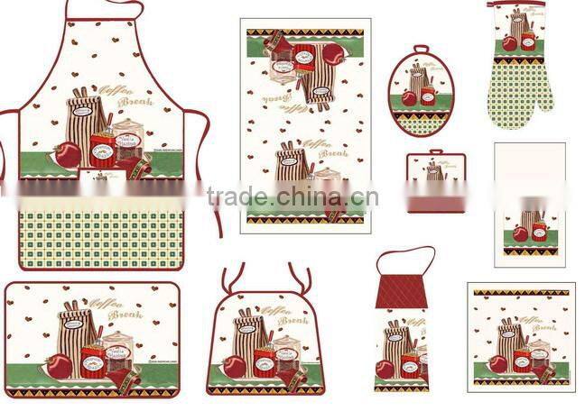 2016 silk screen pigment printing 3pcs cotton apron set with oven mitten pot holder set free samples China Supplier