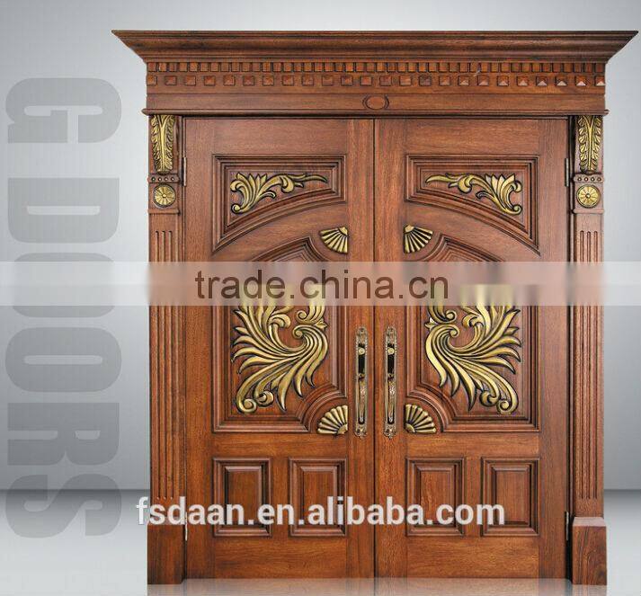 domineering double oak wood door with delicated flower