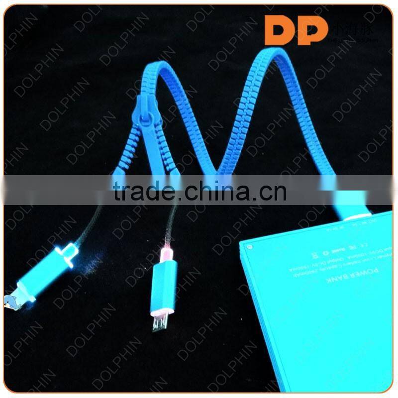 new gadgets visible LED light USB 2 in 1 zipper cable for smartphone