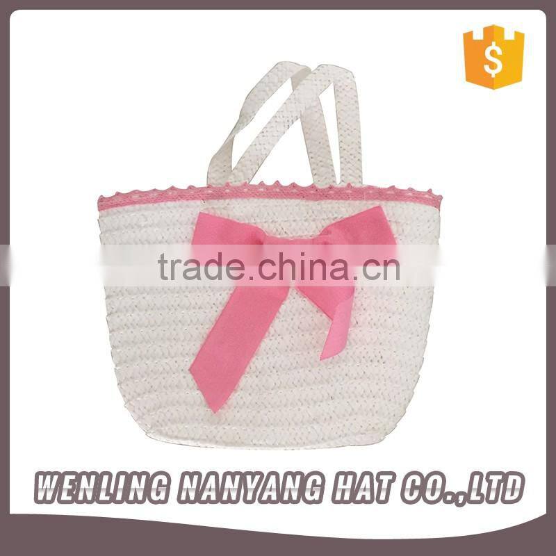 Women Pastoral Style White&Pink Fair Maiden Bow Woven Staw Bag Dating Picnic Handbag