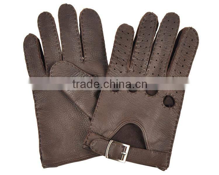 Top luxury buckle hand sewing breathable driving gloves dark brown deerskin leather gloves for men