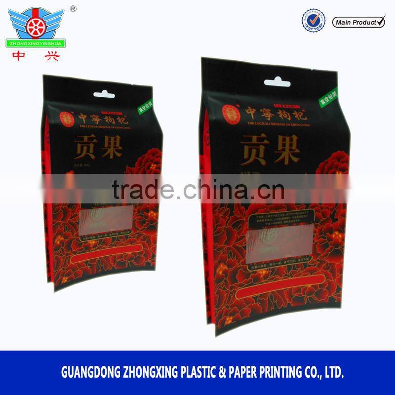 China manufacturer food grade dry medlar packaging bag, side gusset packaging with euro hole for medlar