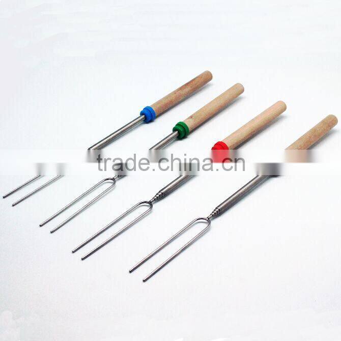 Wood BBq forks, U-shaped stainless steel fork, Wooden roasting forks