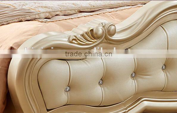 Neoclassic bedroom furniture solid wood gold painting genuine leather double bed