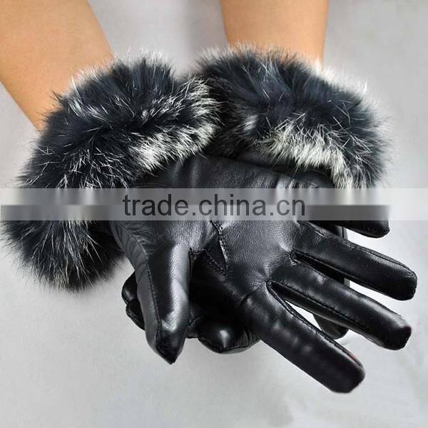 Women's Leather Gloves Autumn Winter Warm Rabbit Fur Gloves Sheepskin Mittens