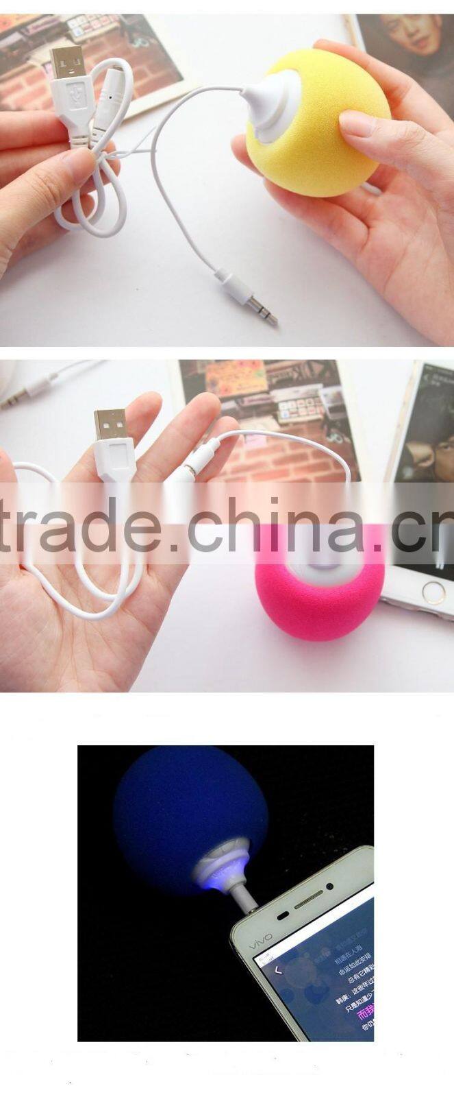 2016 Hot selling portable sponge USB mini ball speaker with 3.5mm jack audio cable for all mobile phone, laptop etc