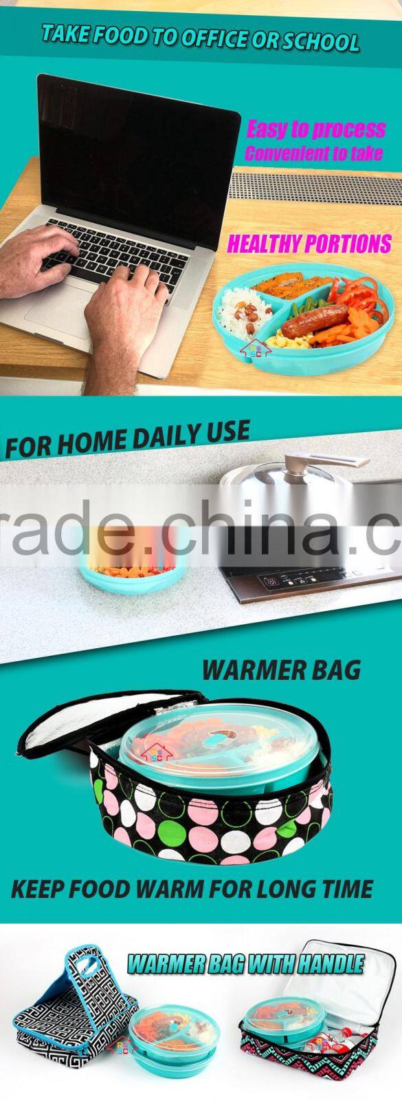 NBRSC New Design Microwave Plastic Food Storage Tray Containers 3 Compartment Divided Plates with Vented Lid