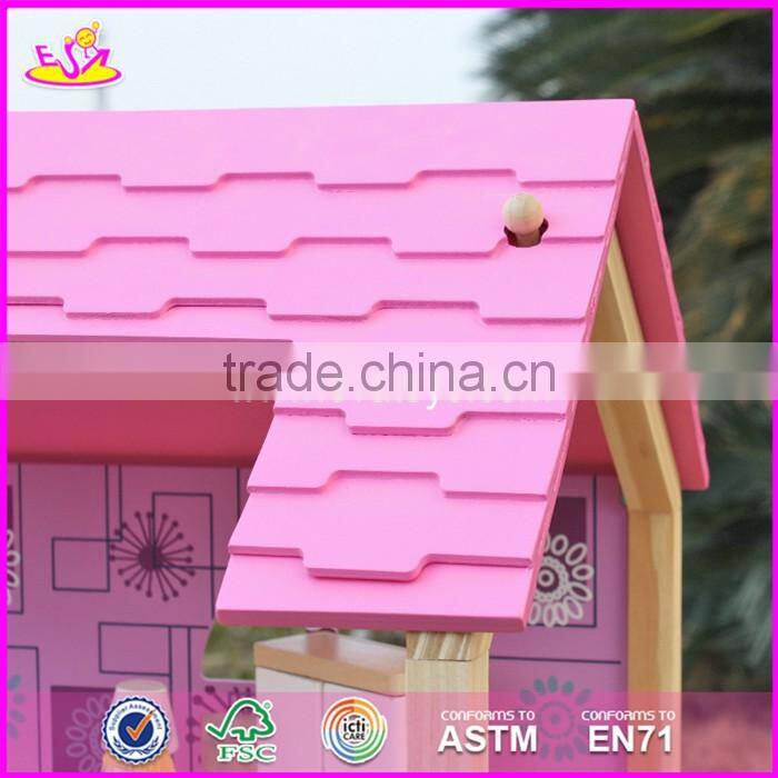 2017 new design pink girls pretend play wooden doll house toys W06A170