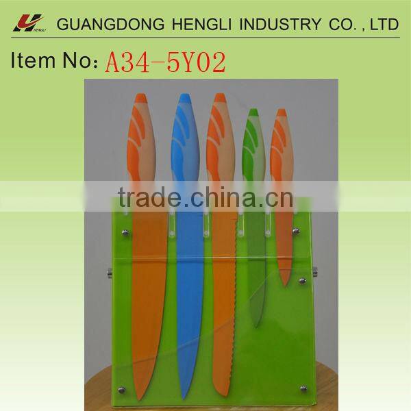 color non-stick coated blade kitchen knife set with acylic stand