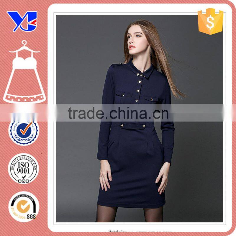 100% Cutton Bussiness Work Long Sleeve Lapel Office Wear Formal Sheath Dress