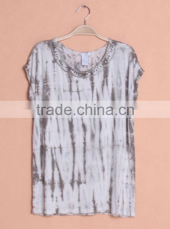 tie dye t-shirt for women, tie dye blouse with metal decoration