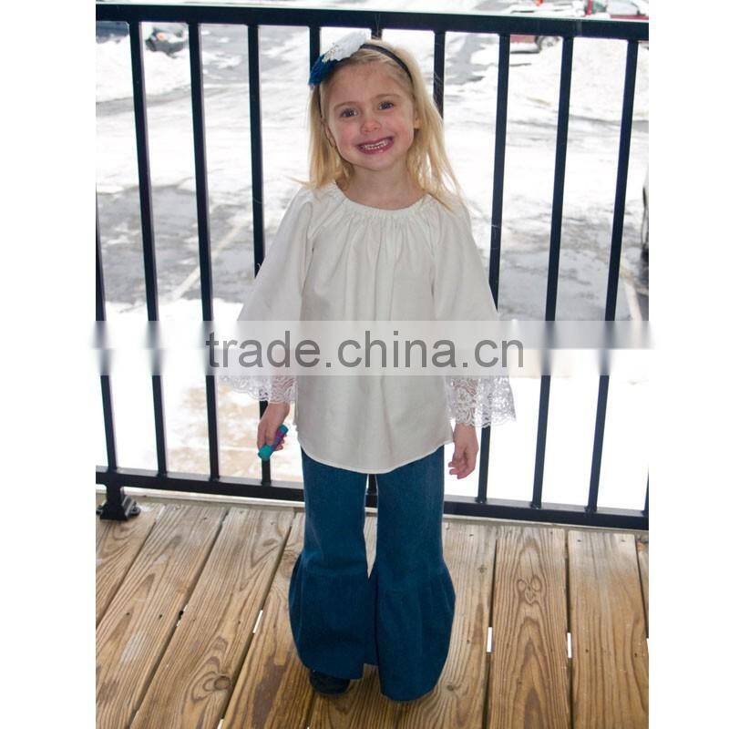 Long Bell Shaped Sleeves Girls Peasant Blouse Photos Lace Detail White Peasant Top HSB9402