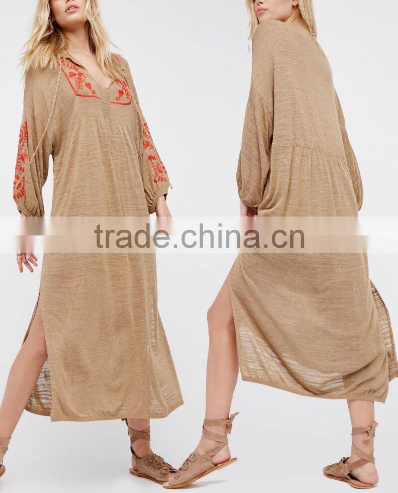 2017 Boho Hippie Clothing Spring Summer Embroidered Rayon Plunging Neckline Long Sleeve Maxi Dress HSD5947