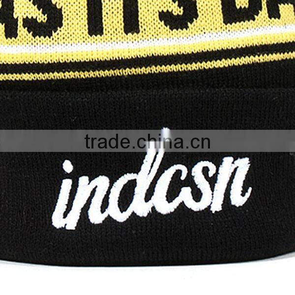 Jacquard kint beanie hat/pom pom beanie hats wholesale/cuffed knitted embroidered custom men's beanie hat