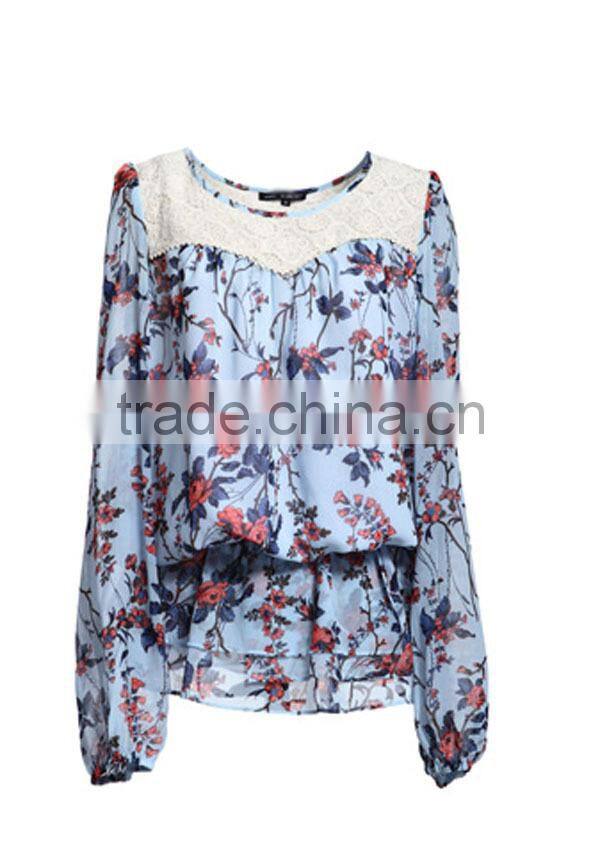 Newest styles women's long sleeve peplum models of blouse in chiffon