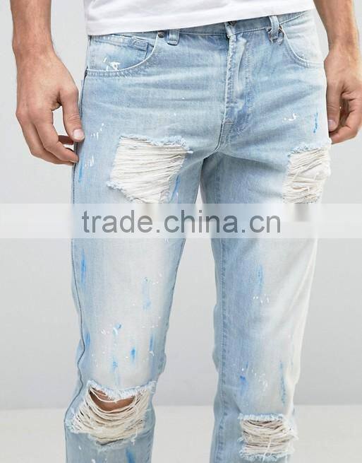 mens high waist blue light stone wash ripped super skinny jeans pants