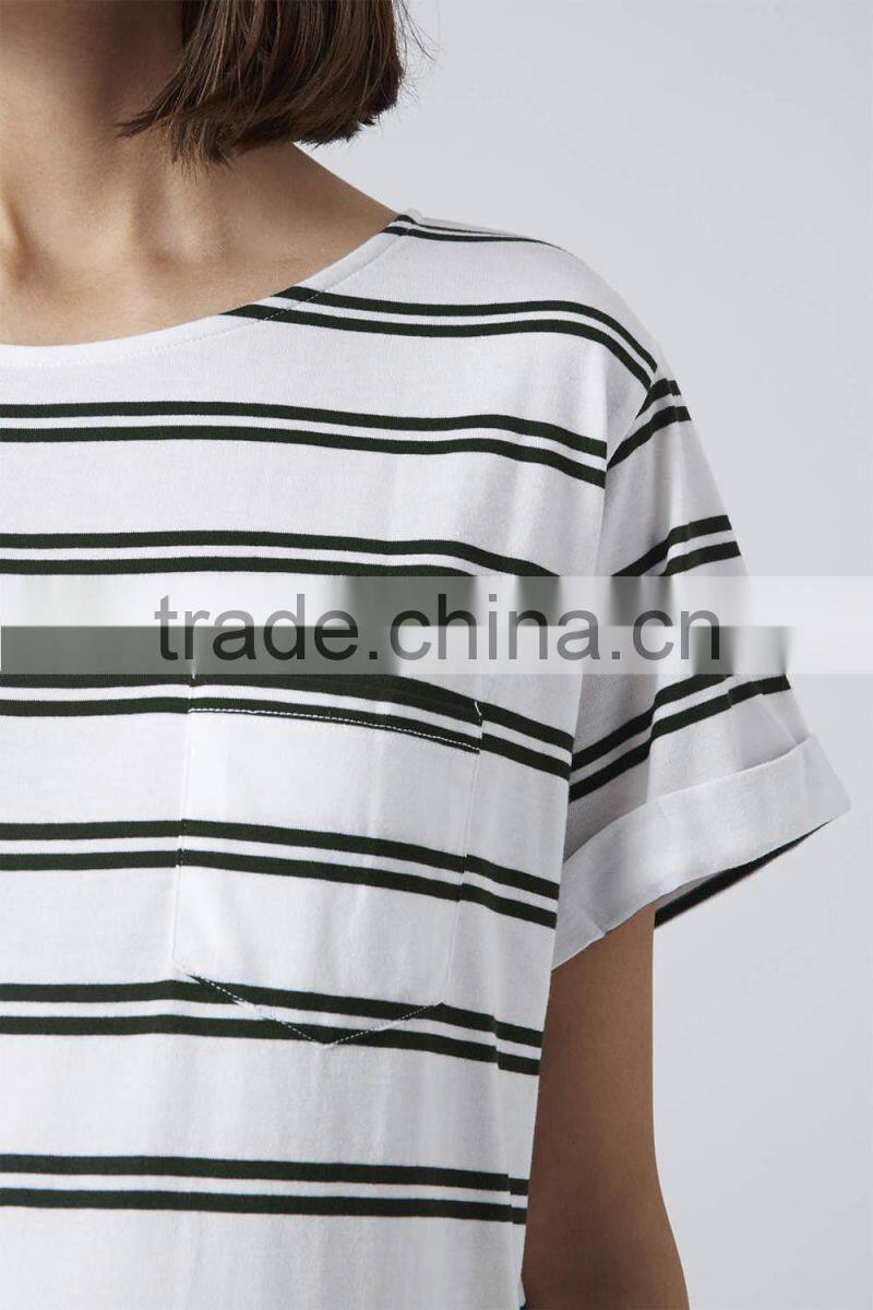 Cheap double stripe short sleeves maternity t-shirt wear with front pocket