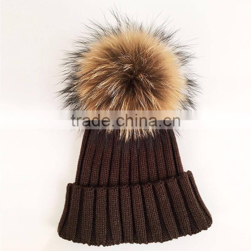 Myfur Super Size Raccoon Fur Pom Pom Detachable Fur Ball Knit Hat