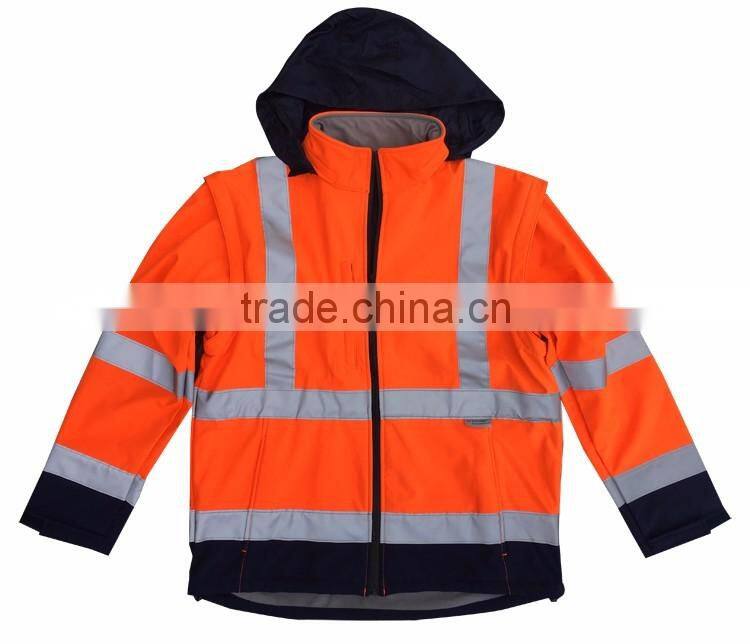 Mens high visibility softshell detachable sleeves hi vis 3m safety jacket with EN20471