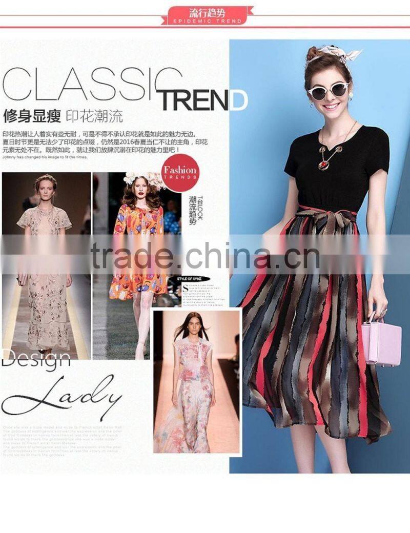 Summer Odile and chiffon combined little V-neck middle/long style dress with waist bow