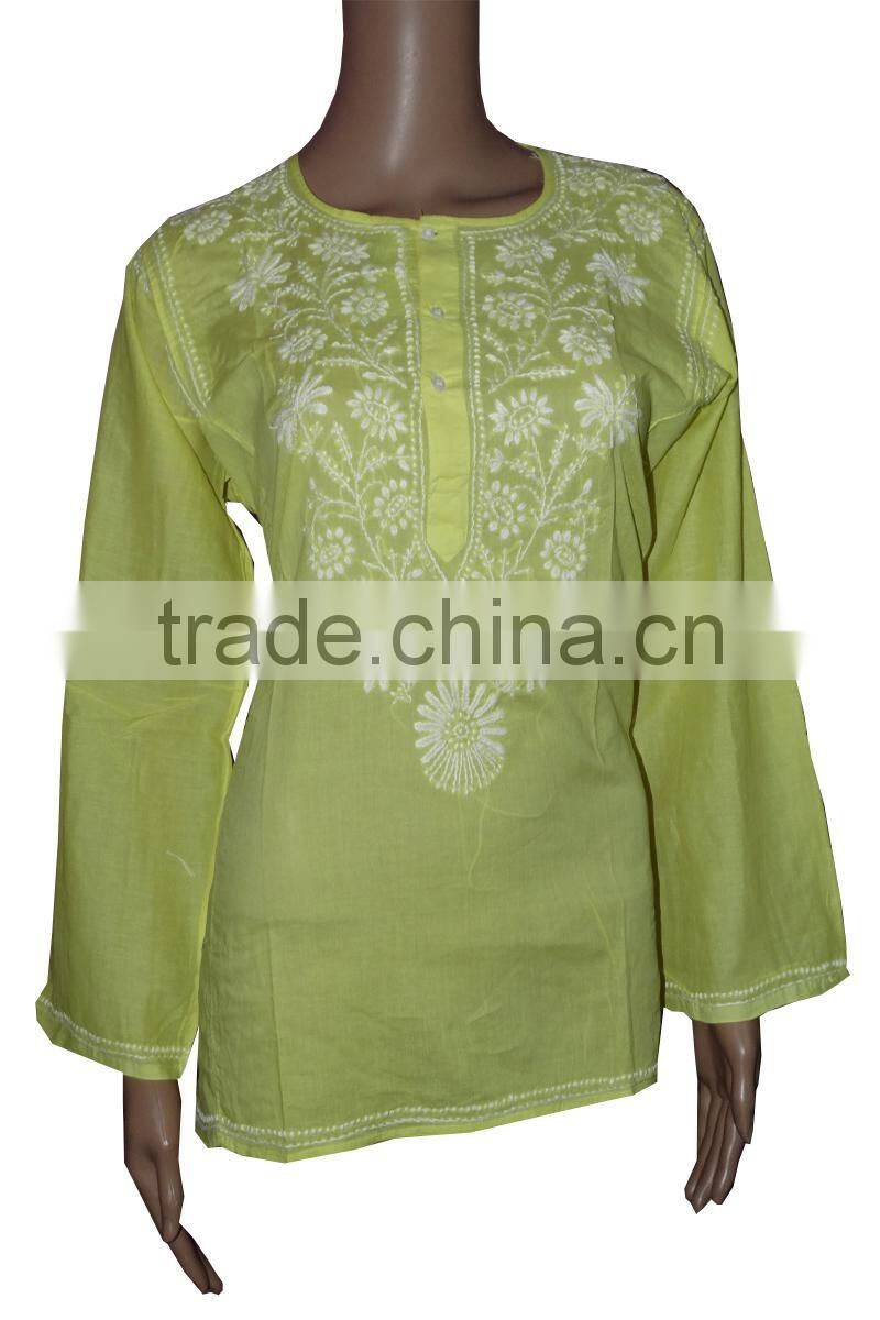 Indian Lucknow Chikan Kurtis,Cotton Embroidery Kurtis Top Tunic